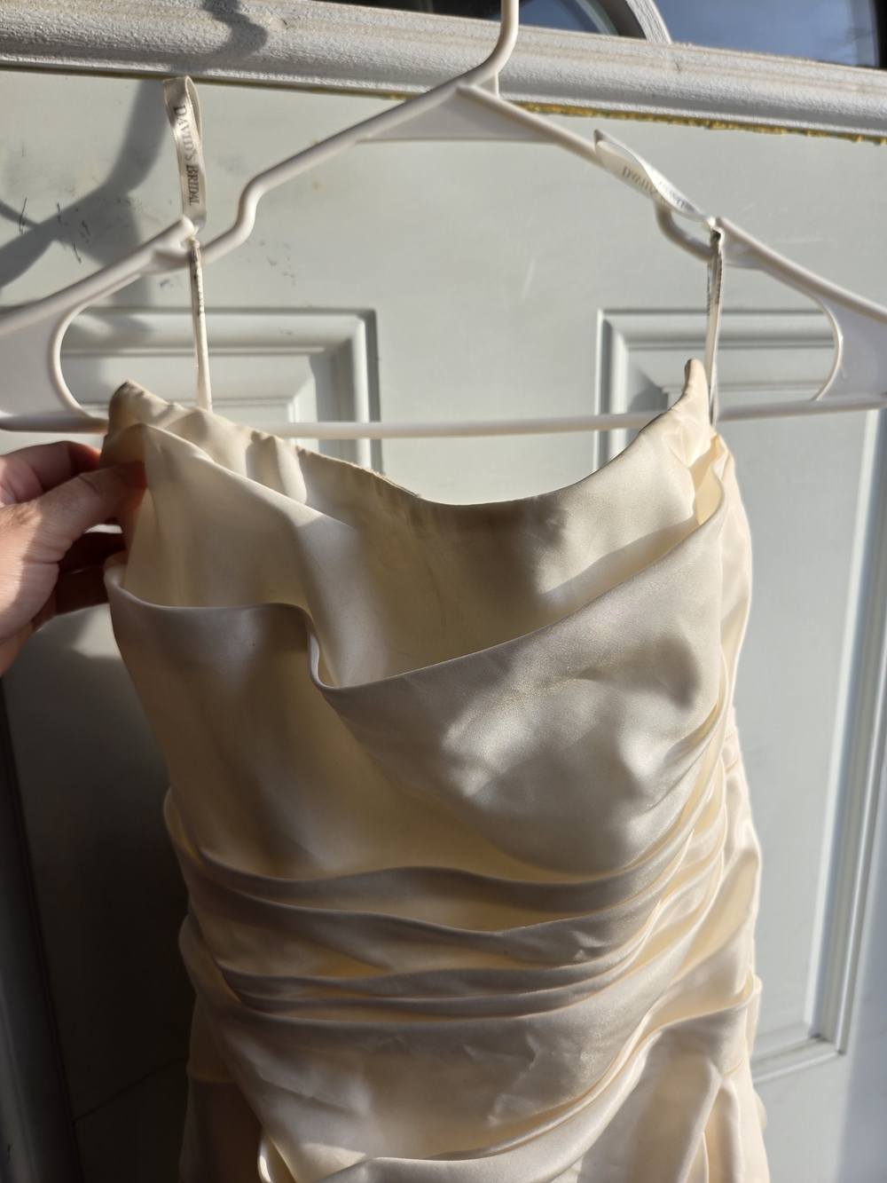 David's Bridal Cream Satin Ruched Spaghetti Strap Wedding Dress